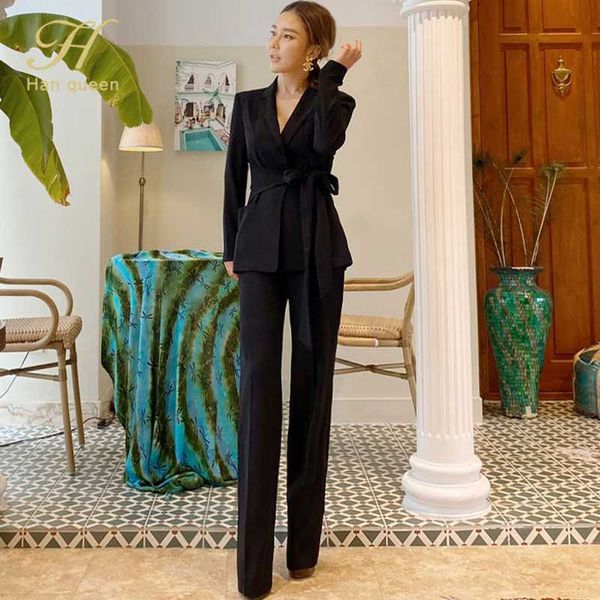 

h han queen autumn winter pant suit women simple lace up notched blazer jacket & long pant 2020 new occupation suits female sets, White