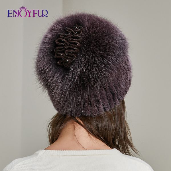 

enjoyfur зимы способа женщин шапки из натурального меха, сплетенные женские шляпки элегантный цветок шарик вскользь теплой gorros шапочки, Blue;gray