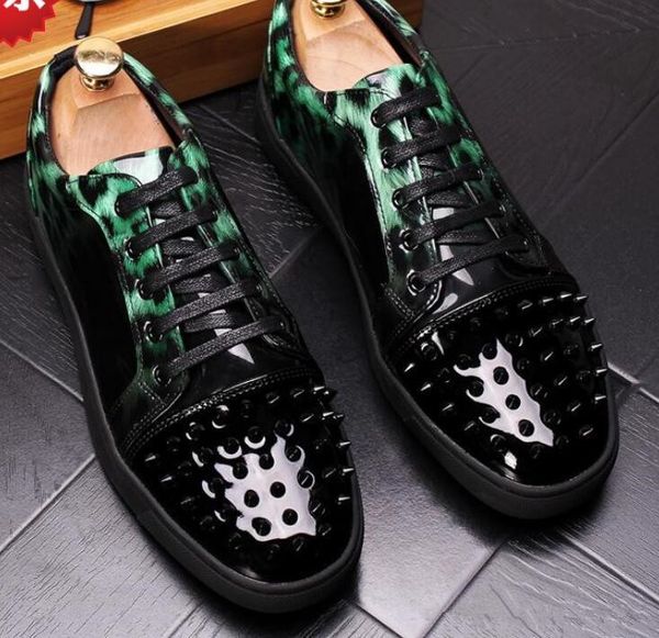 

mens womens red bottom spikes toe with leopard patent leather low eu bottom sneakers,brand flat boots casual shoes 36-46 ing, Black