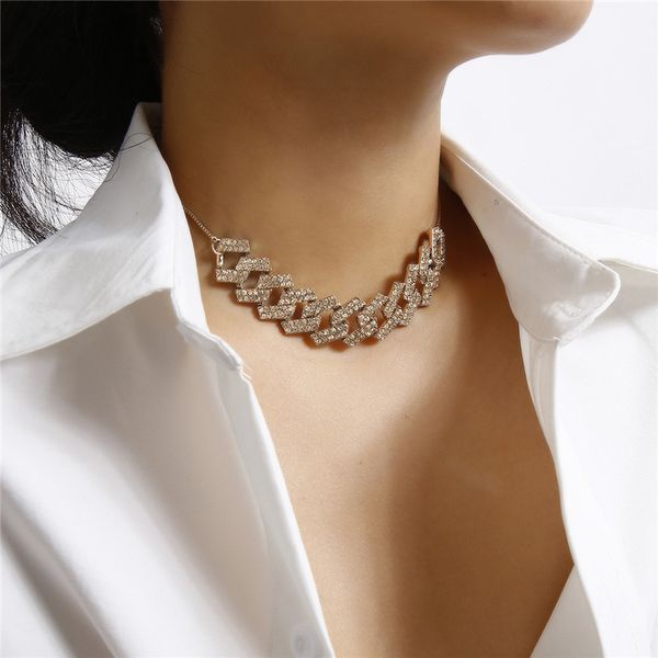 

ae-canfly hip hop curb cuban chunky chain necklace women luxury crystal iced out paved bling rhinestone rapper necklace jewelry, Silver
