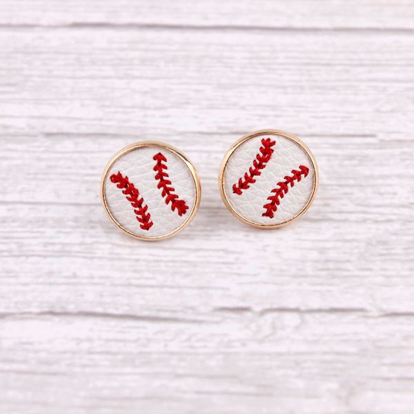 

16mm embroidery baseball leather studs earrings, Golden;silver