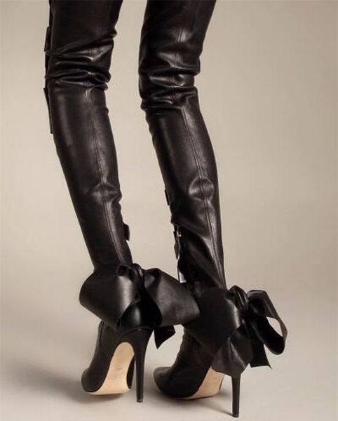 

woman winter black big bows back thigh high boots pointed toe stretch leather lady bowtie thin heels over the knee boots