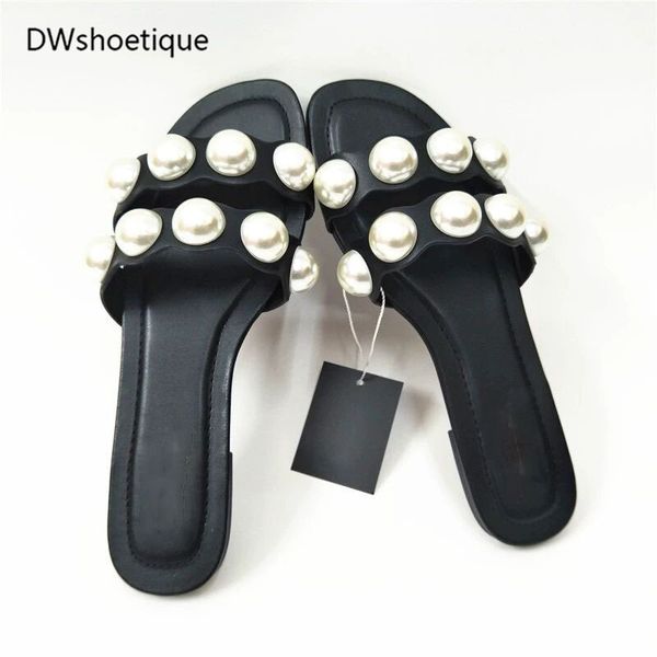 

летние жемчужные женщины горок плоские вскользь сторонние женщины тапочек y200624, Black