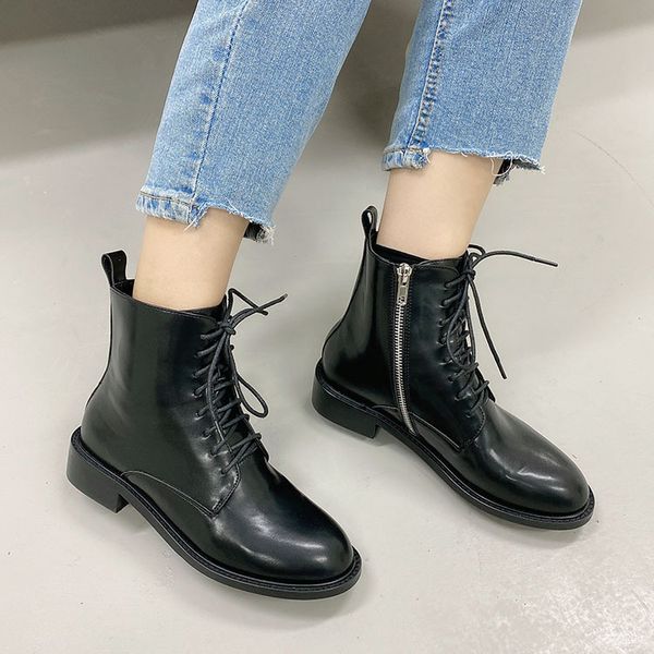 

shoes lace up boots luxury designer booties woman 2020 low heel round toe fashion rubber riding med pu hoof heels basic rome, Black