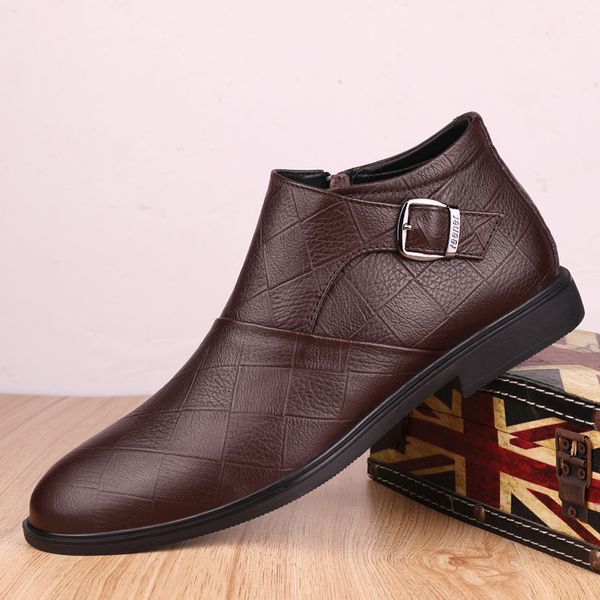 

men work leather boots cold winter warm men snow boots genuine leather shoes men's wool cotton business formal shoes, Black