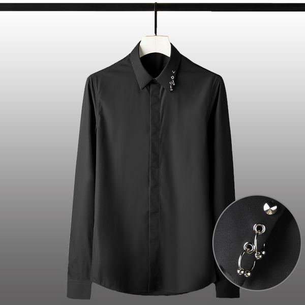 

men's casual shirts solid color mens luxury metal decoration long sleeve dress fashion slim fit male plus size 4xl, White;black