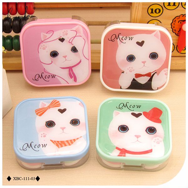 

lymouko cute abs square cartoon cat princess contact lens case for women kit holder portable with mirror contact lenses box, Silver