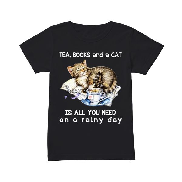 

brand cat tea books and a cat is all you need on a rainy day shirt summer 2020 men short sleeve t-shirt