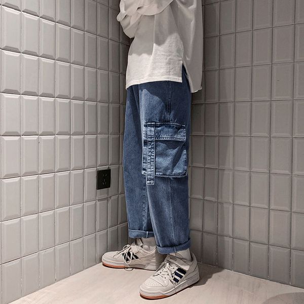 

2020 autumn new falling wide leg straight loose casual solid color with side large pocket washed dad pants -3xl, Blue
