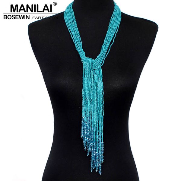 

manilai 12 color boho style jewelry handmade beaded long necklace women resin bead tassels pendant collares statement necklaces, Silver