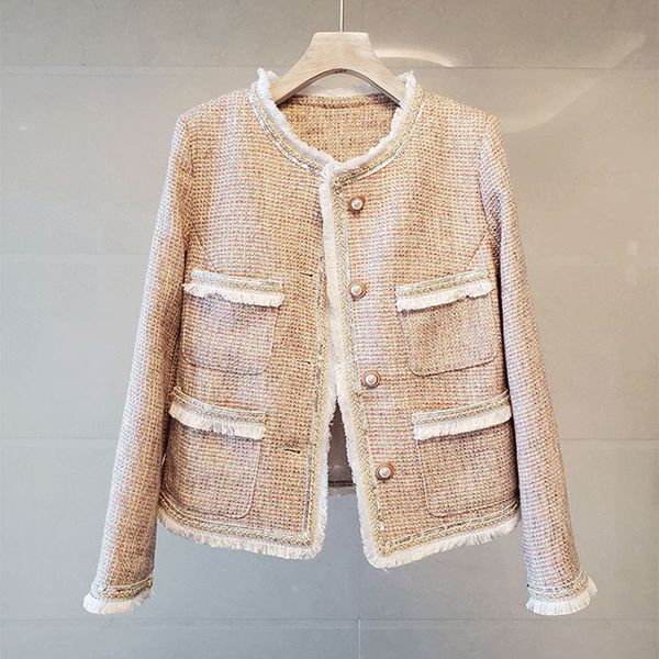 

women's jackets tassel sequins tweed women o-neck palid vintage pink jacket legant slim long sleeve wool outwear single breasted a684, Black;brown