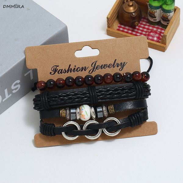 

2020 fashion retro mixed beads leather bracelet for women men multicolor string cord woven braided bracelets pulseras, Golden;silver