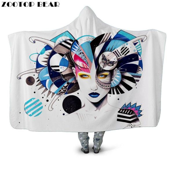 

female model hooded blanket geometric 3d print hipster wearable cloak flower quilts bedding soft fleece blankets fashion