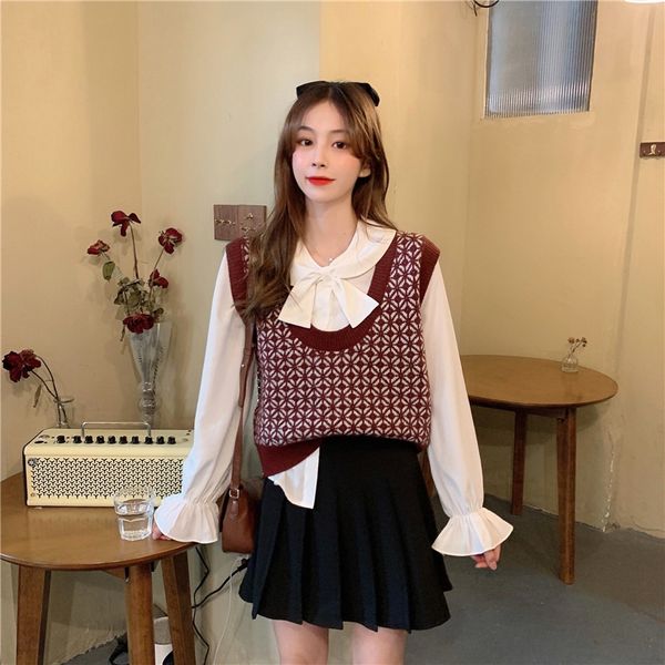 

2020 autumn large size fat mm new doll collar long sleeve doll vest butterfly vestbow shirt knitted vest net red foreign style suit jvdiv jv, Black;gray