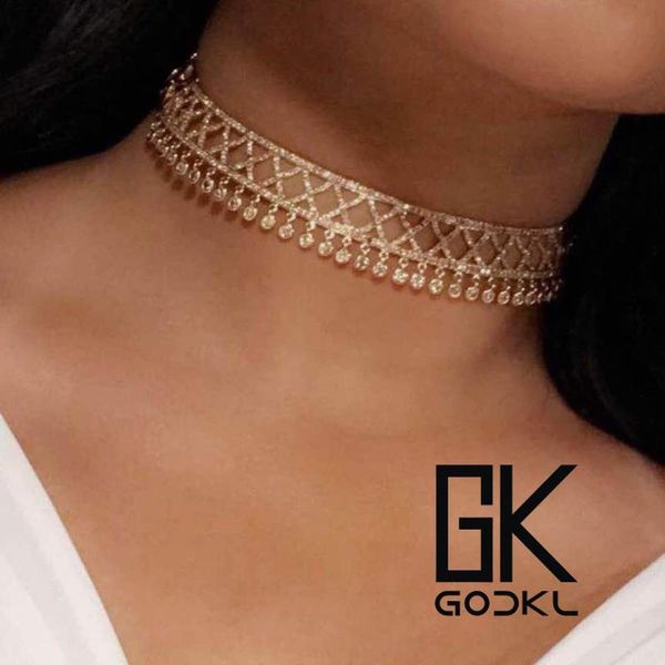 

chokers godki cubic zirconia tie chain statement necklace for women wedding adjustable length trendy geometric necklaces, Golden;silver