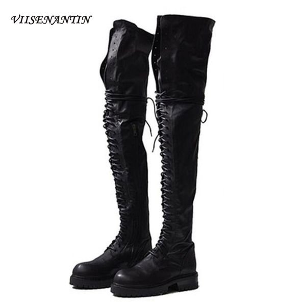 

viisenantin 2020 thick-soled ultra-long-tube slimming over the knee leather high-tube thick-heel lace-up rider boots, Black