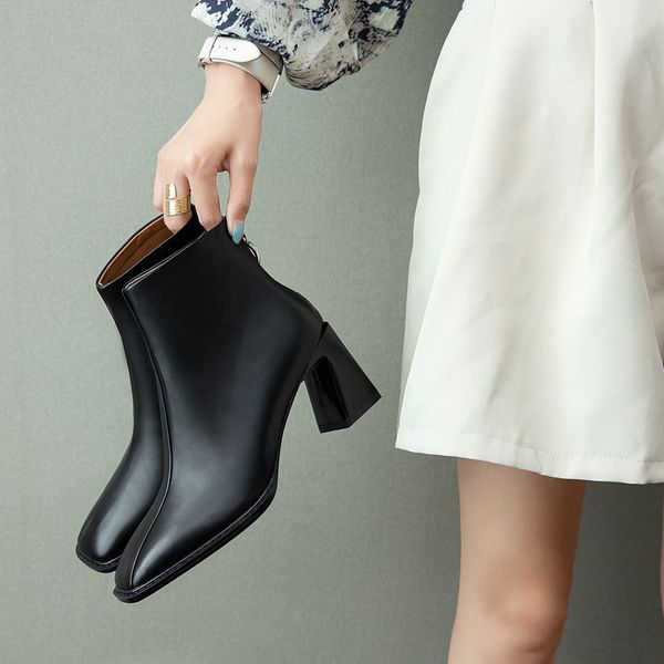

women ankle boots natural leather plus size online celebrity cowhide stitching square toe ankle boots winter women, Black