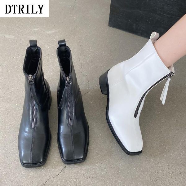 

boots 2021 square toe ankle for women chunky heels shoes autumn winter zipper knight black white zapatillas mujer