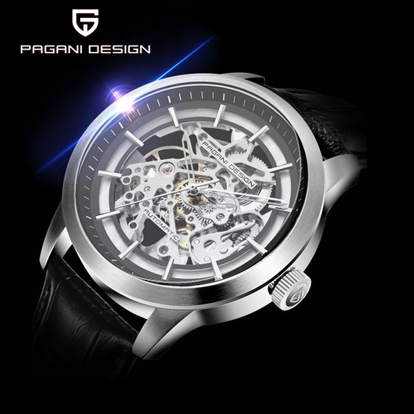 

men watch pagani design 2020 skeleton hollow leather men's wrist watches man water mechanical male clock, Slivery;brown