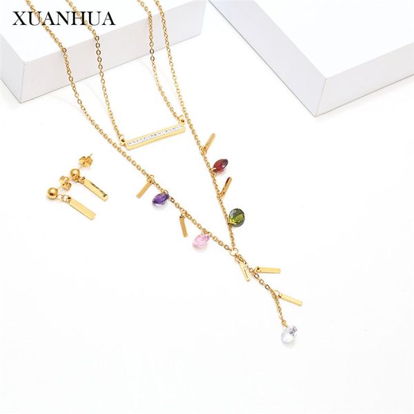 

xuanhua stainless steel jewelry sets zircon necklace earrings set of earrings for women fashion jewelry women accessories, Silver