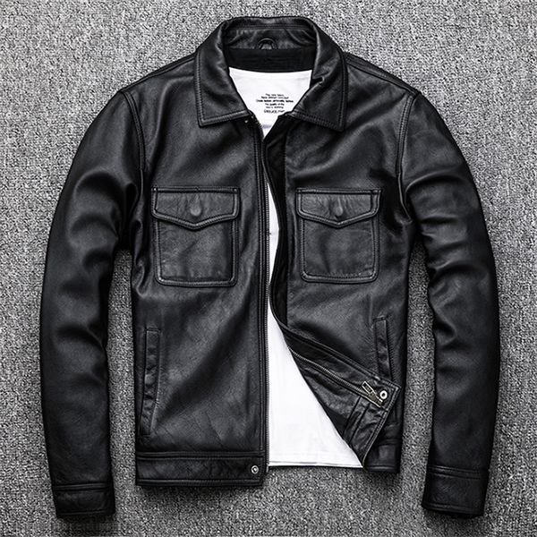 

genuine leather jacket.winter warm casual black men cowhide clothes.quality plus size leather coat.54-56 slim 200922