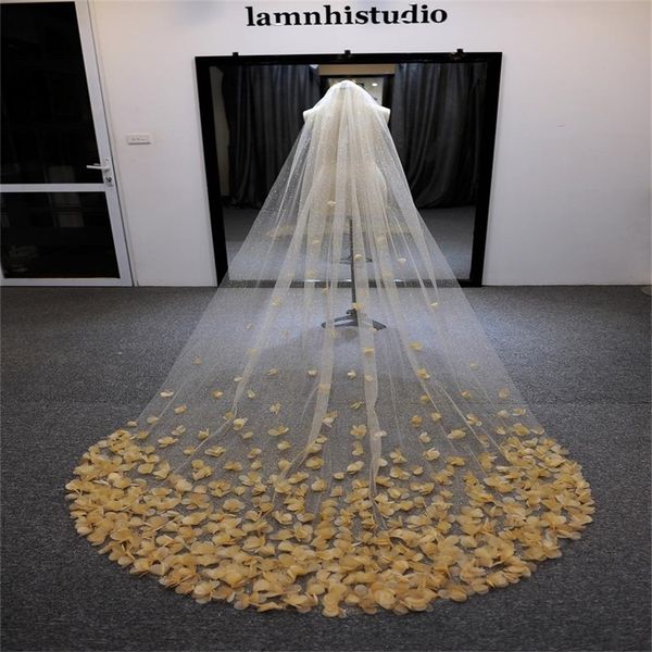 

luxury wedding veils hand made flower sequins long veils lace applique one layer cathedral length bridal veil, Black