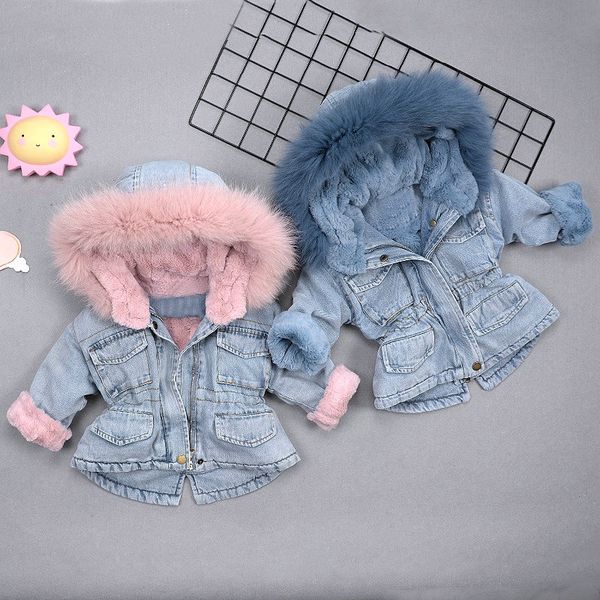 

winter baby denim leather jacket toddler kids children's girl fur hooded coat outerwear thicken warm jackets clothes jeans coats, Blue;gray