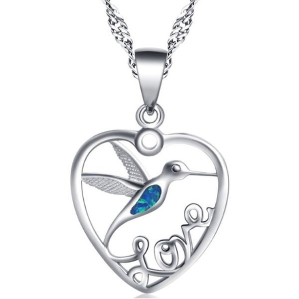 

pendant necklaces creative heart-shaped necklace hollow fire opal hummingbird female jewelry valentine's day gift wholesale, Silver