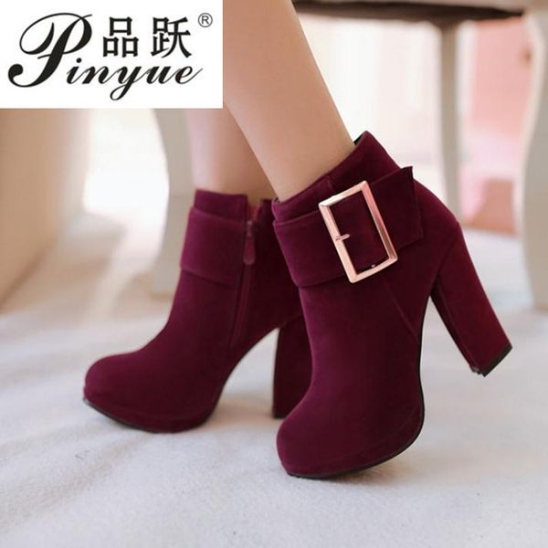 

new autumn and winter women's boots british fashion suede boots short buckle with high heels thick heel shoes, Black