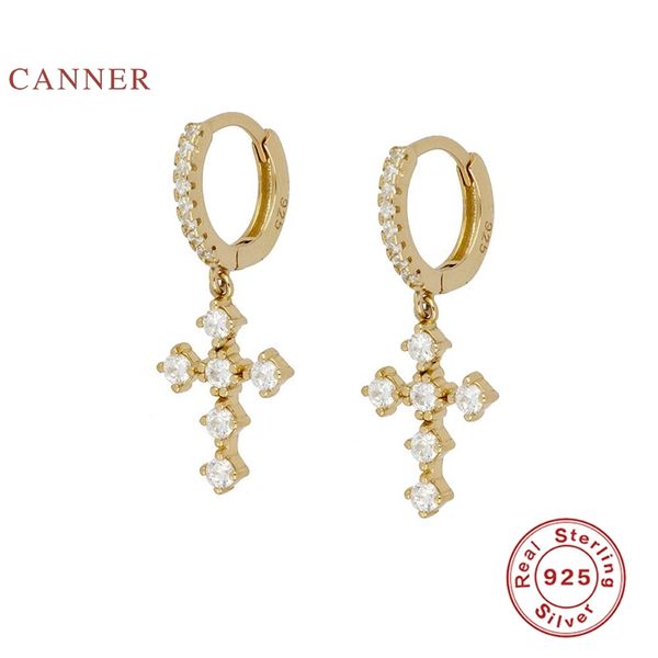 

hoop & huggie canner real 925 sterling silver earrings for women diamond cross hoops zircon korean gold jewelry pendientes, Golden;silver