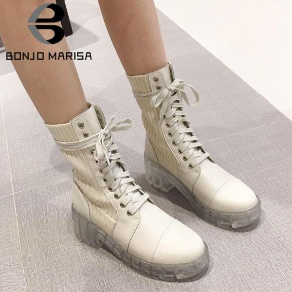 

bonjomarisa brand ladies round toe platform mid calf boots fashion patchwork lace up boots women causal designer shoes woman, Black