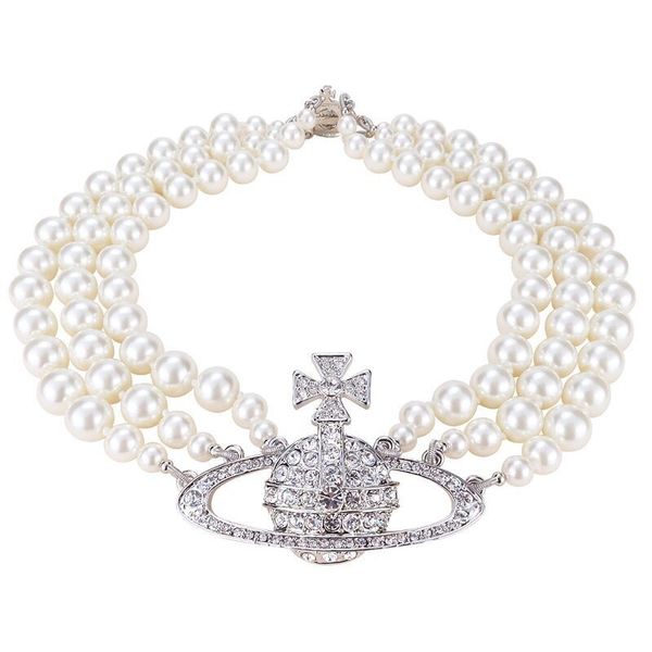 

three-layer plane saturn three-layer pearl necklace queen mother temperament retro multi-layer pearl saturn necklace female choker, Silver