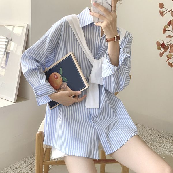 

women's blouses & shirts spring autumn fashion stripe blouse women loose turn down collar single breasted long ladies korean mujer, White
