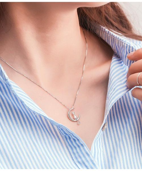 

pjx cat moon necklace electroplated round buckle two colors cute animal fairytable pendant fine clasp chain women for gift, Silver