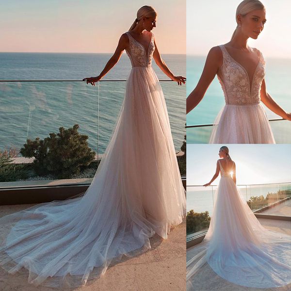 

Winsome Tulle Sheer Deep V-Neckline A-Line Wedding Dress Champagne Tulle Bridal Dress Illusion Back vestido de noiva renda, Customized color