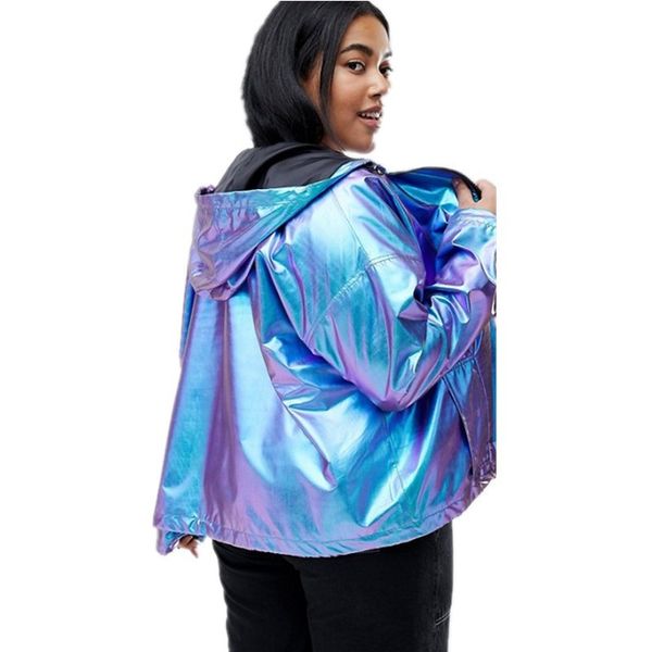 

women's jackets female reflective blue gradient metal color hooded bomber jacket oversize coat zipper waterproof glossy cardigan long s, Black;brown