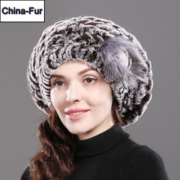 

2020 new lady beret caps knitted real rex fur beanies hat women winter rex fur hats 100% real cap, Blue;gray