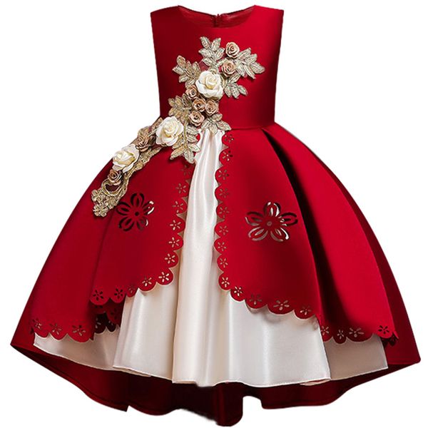 

floral embroidery formal evening wedding gown for elegant flower girls dress children kids party for girl clothes, Red;yellow
