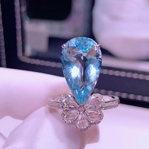 

h810 aquamarine ring fine jewelry pure 18 k gold natural blue aquamarine gemstones 6.8ct fine rings, Golden;silver
