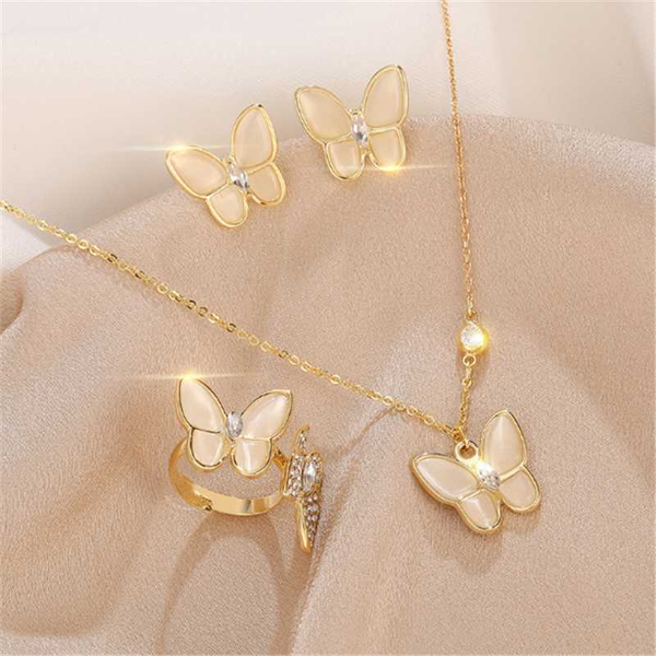 

new fashion and popular temperament women butterfly shape clavicle chain ring earring set wedding party gift jewelry wholesale, Silver