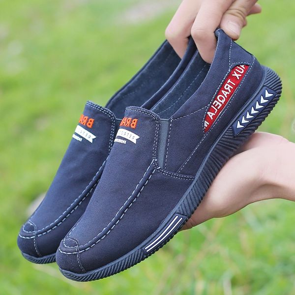 

summer breathable men's canvas shoes korean-style low slip-on loafers mens flats casual shoes comfort male sneakers 2.5, Black