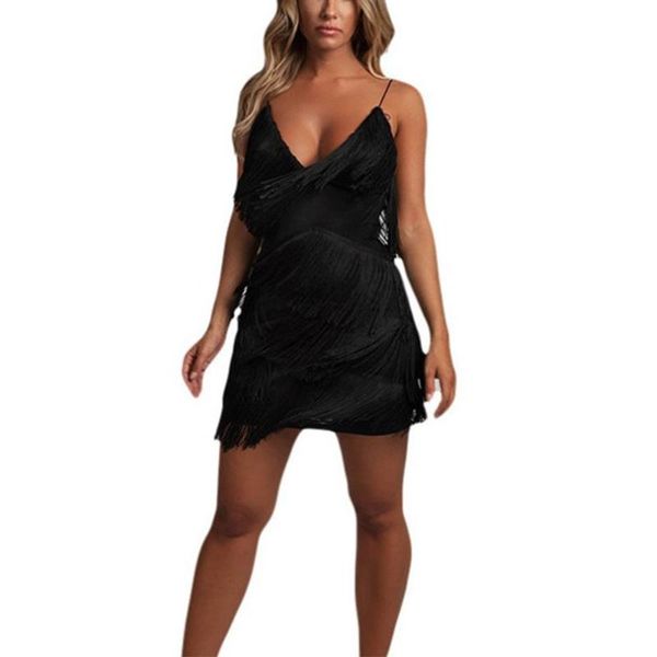 

casual dresses women fashion dress bodycon deep v-neck pure color sling tassel night clubs wear, Black;gray
