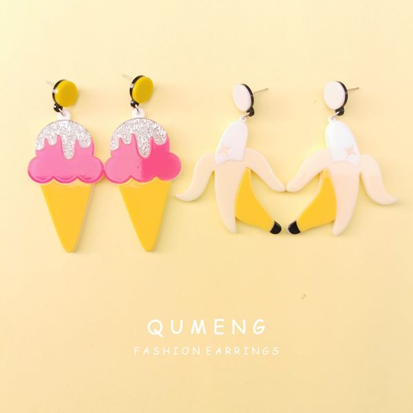 

qumeng korean 2020 fashion summer acrylic fruit cream big earrings for women punk cute banana long earrings party jewelry, Golden;silver
