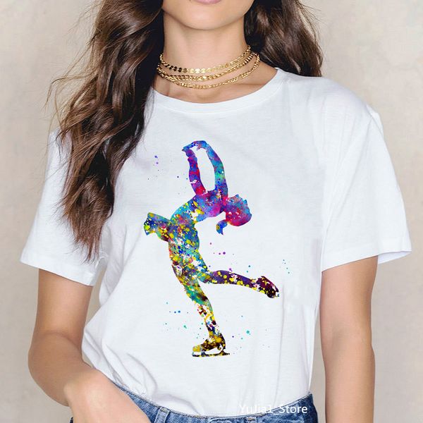 

watercolor figure skating girl print sports tee shirt femme harajuku kawaii white t shirt women summer clothes t-shirt