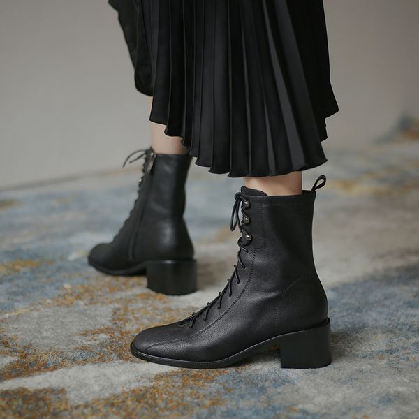 

boots mordoan genuine cow leather mid heel women's shoes retro british style wild thick-heeled ankle, Black