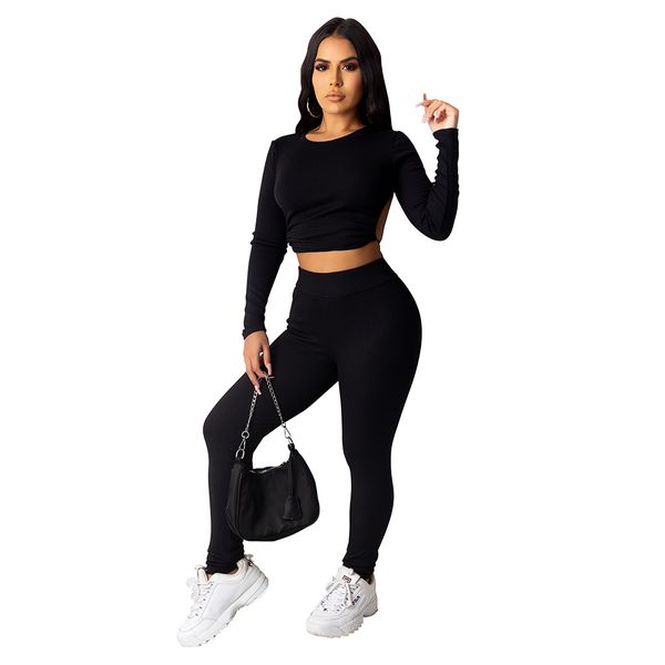 

o-neck backless womens designer tracksuits solid color long sleeve slim high street women clothing 2 pieces, Gray