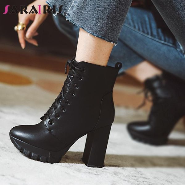 

sarairis cool high square heels boots women mature lace-up autumn boots ladies lace-up ankle shoes, Black