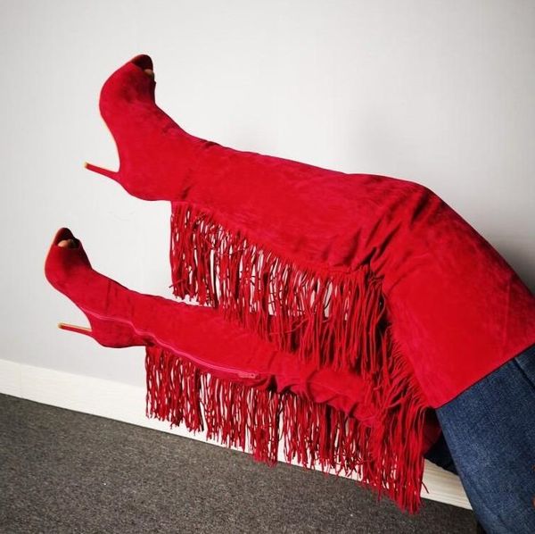 

stylish red suede fringe over the knee boot peep toe tassel tight high boot high heel zipper women dress shoes tall, Black