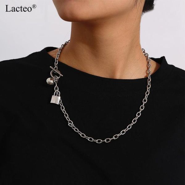 

lacteo neo gothic stainless steel lock pendant necklace jewelry for women street punk round ball clavicle chain choker necklace, Golden;silver