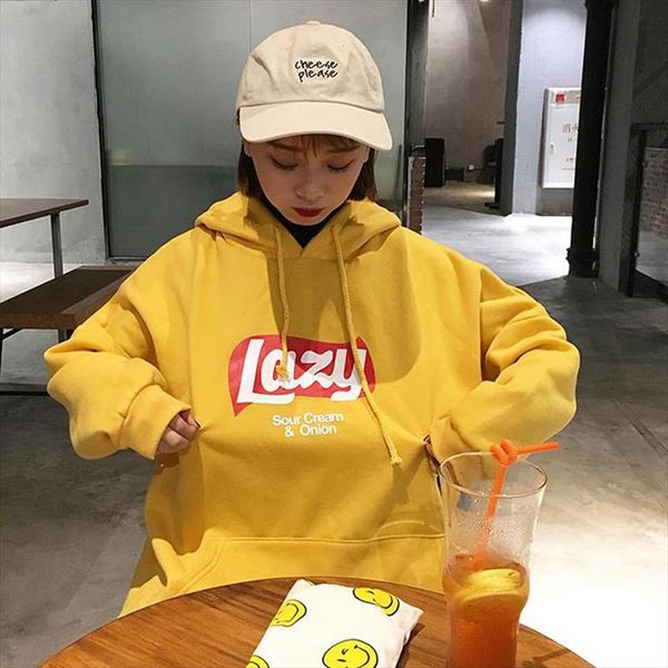 

women cute lazy letter print hoodie harajuku long sleeve hooded sweatshirt autumn winter loose fleece pullovers sweatshirts, Black